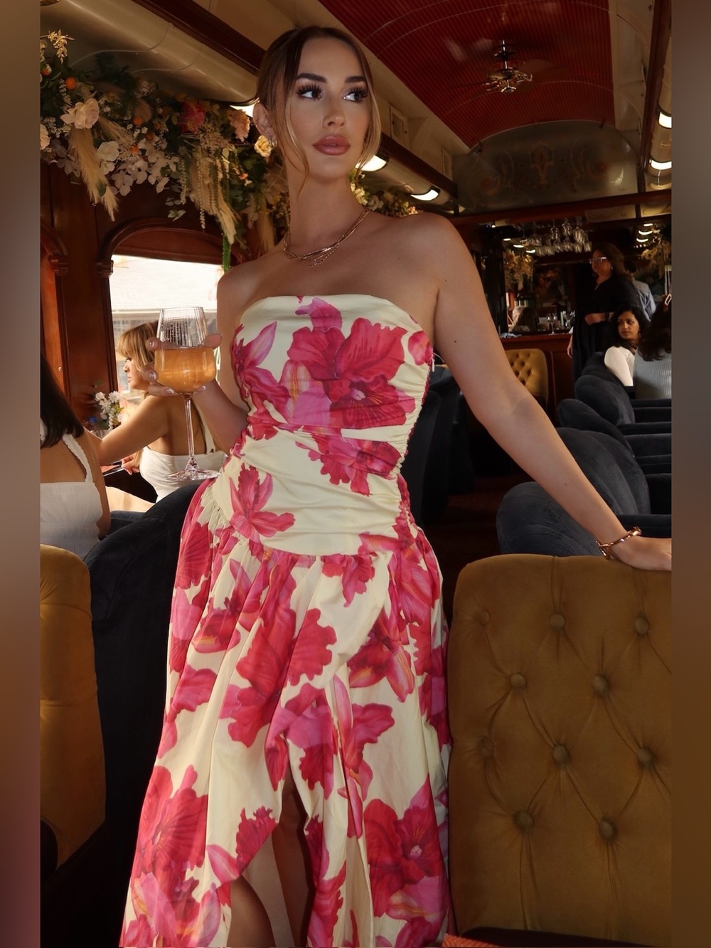 Strapless Floral Maxi Dress in yellow with Pink Bloom